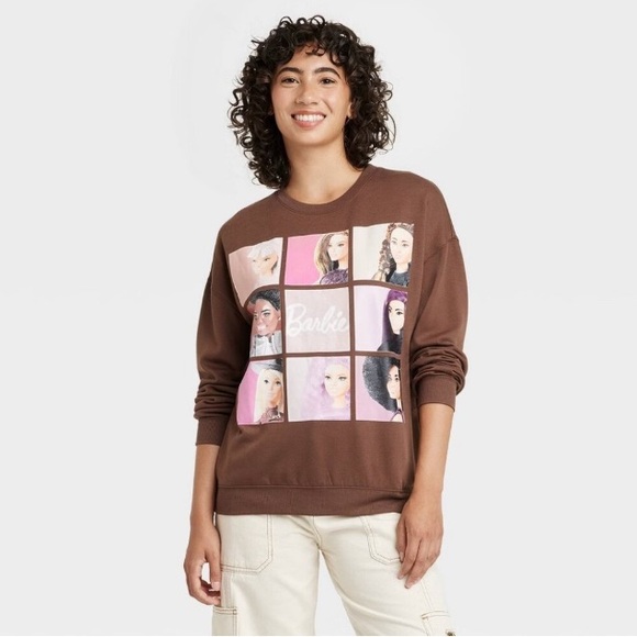Hybrid Apparel Tops - Barbie NWT Women's Squares Cozy Graphic Sweatshirt S, Brown Mattel Hybrid